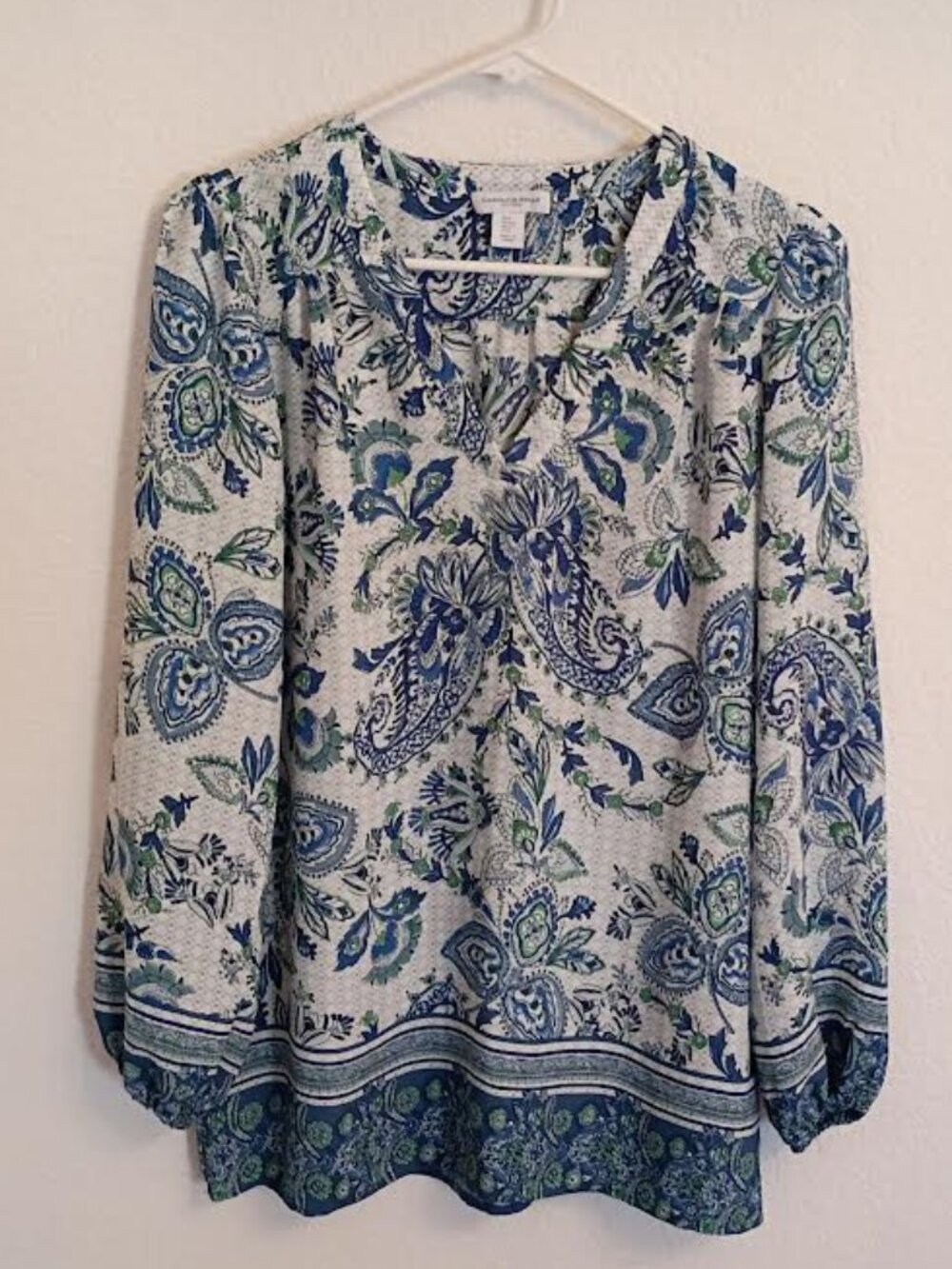 CAROLINA BELLE MONTREAL WOMEN'S TOP BLUE PAISLEY LONG SLEEVE PULLOVER SIZE SMALL